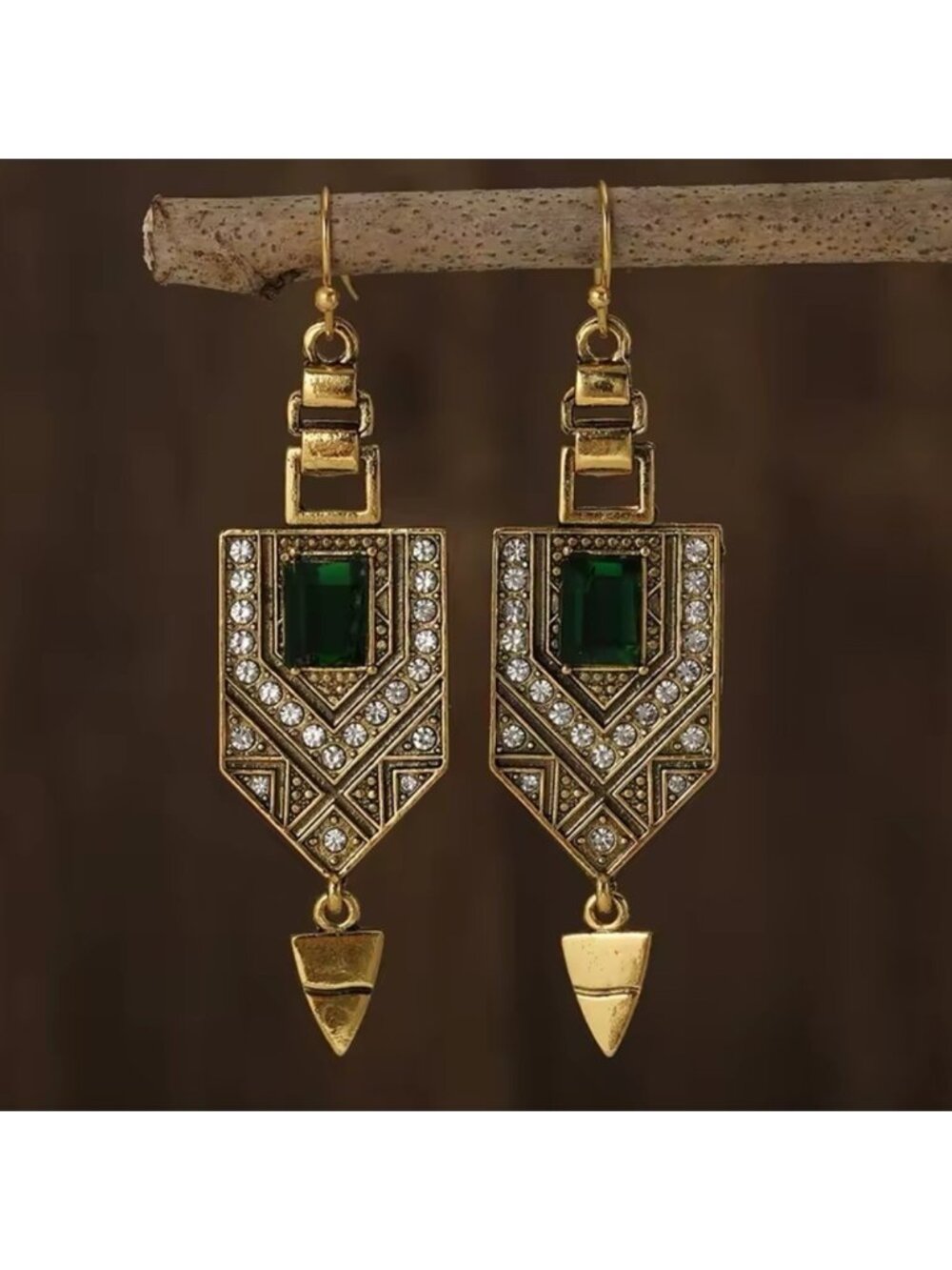 Marquis Ethnic Vintage Emerald Bronze Brushed Earrings